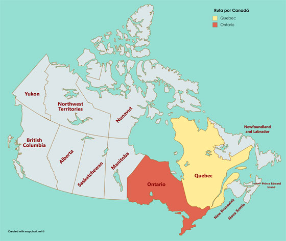Mapa de los estados que recorrimos en nuestra Ruta por Canadá